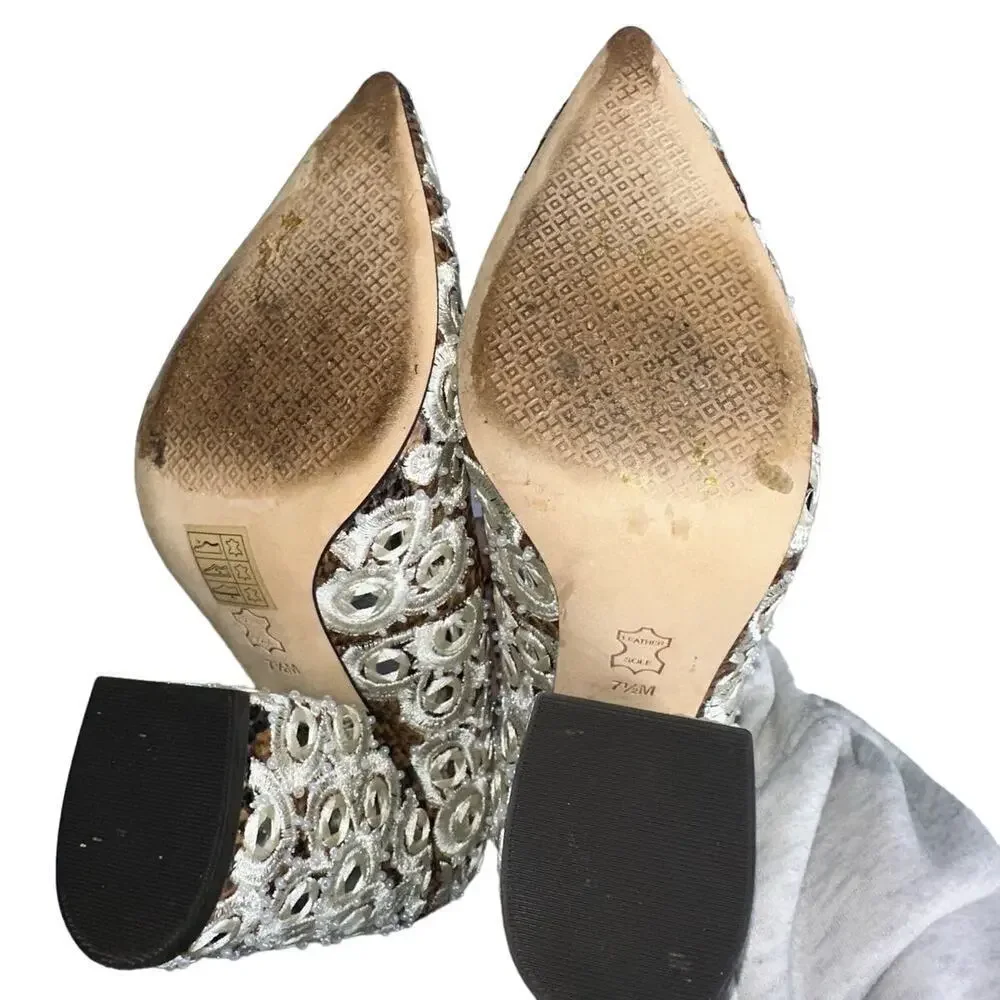Tory Burch Francesca Roccia Embroidered Rhinestone Heels Silver/White Size 7.5M